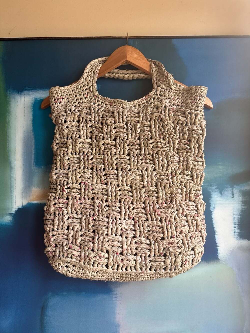 Handmade Upcycled Recycled Plastic Grocery Bag Woven Tote Bag